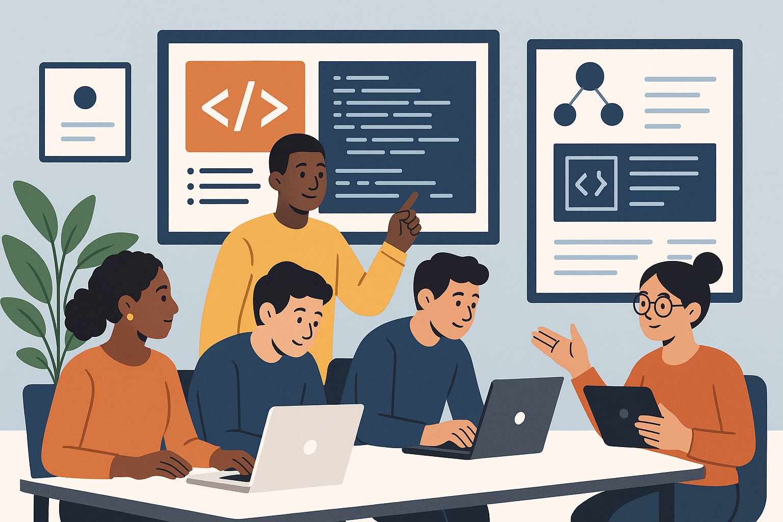 Ilustración de un equipo de desarrolladores trabajando en un MVP de software.