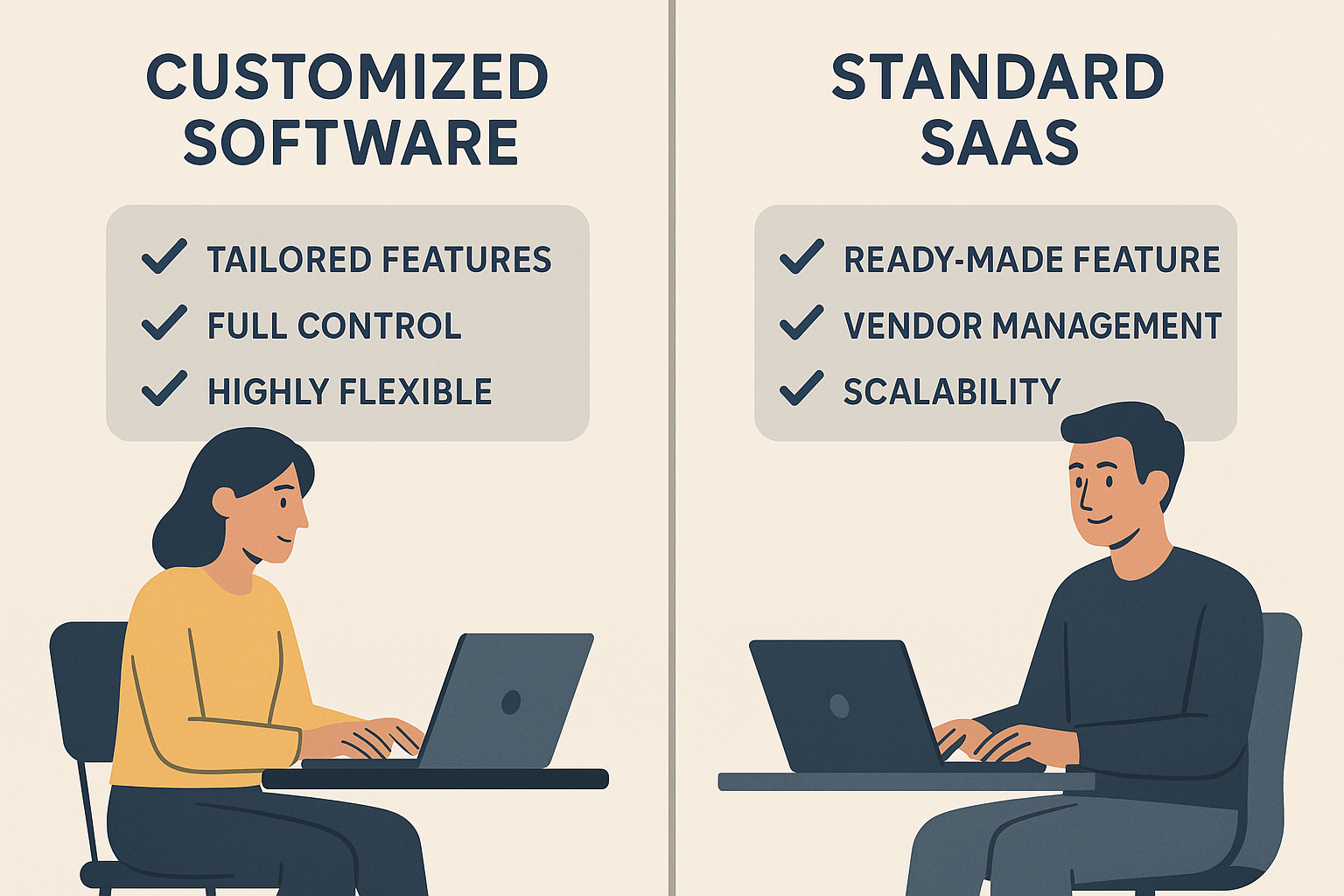 Ilustración que representa la comparativa entre software a medida y SaaS estándar.